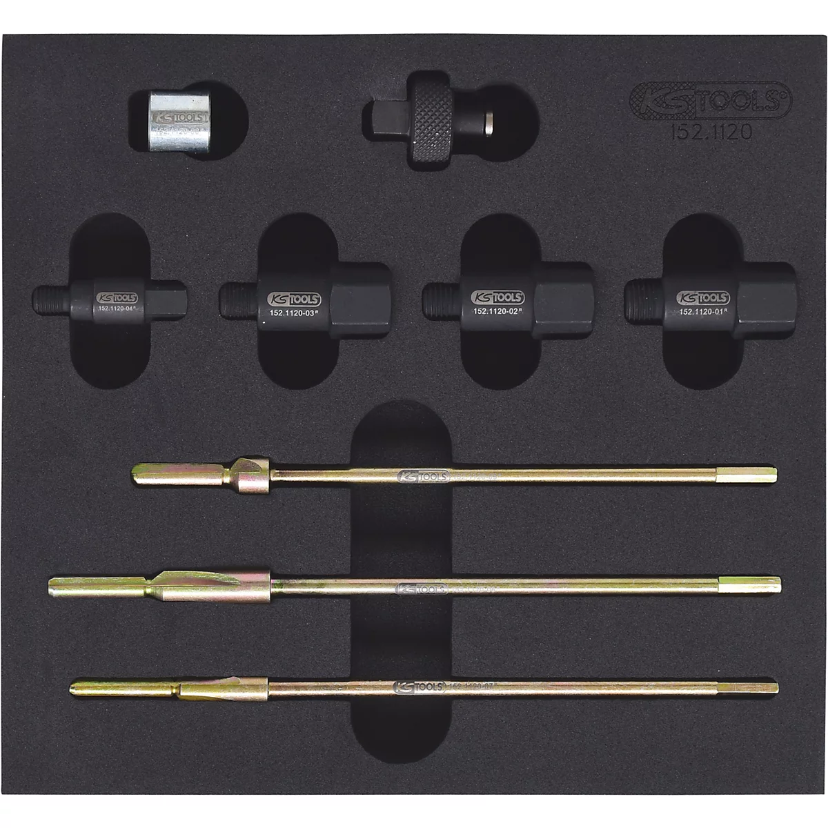 Werkzeugkasten mit verschiedenen Werkzeugen in Schwarz und Silber, auf schwarzem Untergrund angeordnet.